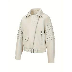 Veste courte en cuir PU de mode occidentale pour femmes clous de style chaud Rivets d'épaule coupe ajustée coutures zippées OEM respirant - Product Image 3