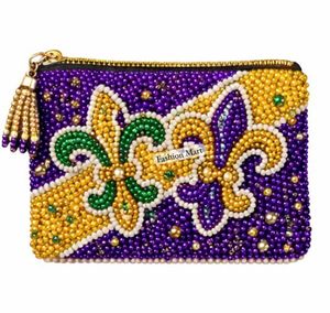 Porte-monnaie en perles faites à la main pour le Mardi Gras avec fermeture éclair, violet, vert, or, pochette de festival - Product Image 4