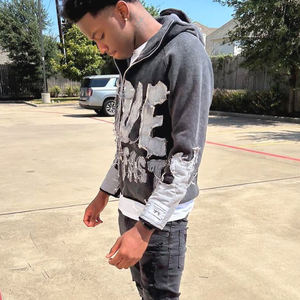 เสื้อฮู้ดผู้ชายแบบมีซิปผ้าซักลายกรดซีดจางมีฮู้ดผ้าปะติด - Product Image 4