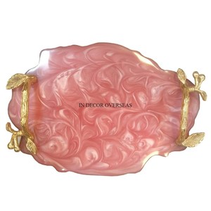 Plateau de service de forme irrégulière en marbre de qualité supérieure avec feuilles en métal plaqué or Fournitures de poignée de concepteur - Product Image 4