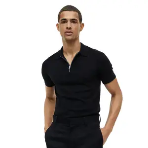 Camiseta Polo ajustada clásica negra de calidad superior para hombre con media cremallera y cuello vuelto y mangas cortas a la venta