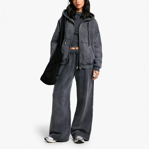 Ensemble de survêtement gris foncé pour femme, sweat à capuche à manches longues et pantalon avec poches latérales, coupe décontractée, design uni - Product Image 1