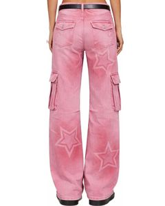 Pantalon cargo à jambes larges à imprimé étoile rose personnalisé pour femmes, pantalon en denim streetwear taille haute avec poches latérales, vêtements décontractés tendance - Product Image 2