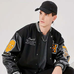 Chaqueta de béisbol de color negro sólido de nuevo diseño para hombre, chaqueta universitaria de talla grande con manga de cuero de tela transpirable para uso universitario - Product Image 3