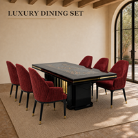 Table à manger moderne de luxe à motifs noirs et dorés, 8 places, table rectangulaire sur piétement pour la maison, la villa, l'hôtel, le restaurant, meubles