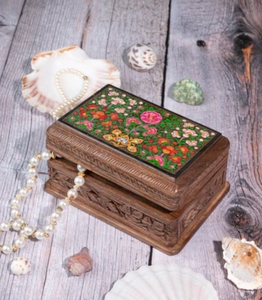 Boîte de rangement en bois de noyer sculpté Secret Lock avec conception en papier mâché sur le dessus 6 pouces boîte-cadeau organisateur de bijoux pour femme - Product Image 2