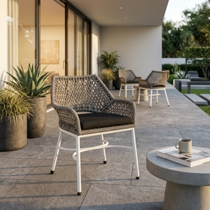 Grey Woven Outdoor <b>Armchair</b> White Aluminium Frame Synthetic Ropes Cushion <b>Dining</b> Chair Patio Setup Art Design Decor - Product Image 4