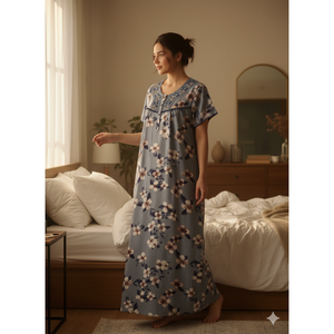 Camisón Largo Estampado Cómodo para Mujer, Marca Alpine, Tejido de Sarga, Mangas Cortas, Bolsillos Laterales, Talla XL, Ropa de Dormir - Product Image 1