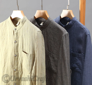 Chemise à manches longues en pur coton pour hommes automne col montant tenue décontracté mâle couleur unie boutonnée chemises habillées au prix de gros - Product Image 2