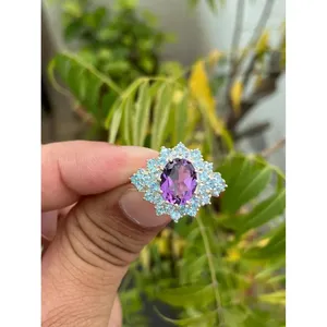 Natural Amethyst <b>Ring</b> with Floral Pattern 925 Sterling Silver Handmade Gemstone Jewelry Wholesale Supplier - Product Image 1