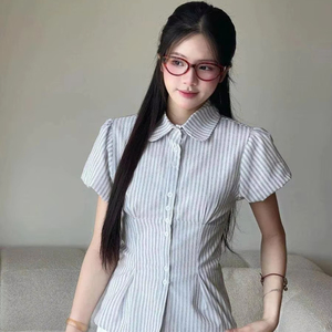 เสื้อแขนพองลายทางสำหรับผู้หญิง, เสื้อเบบี้ดอลล์เสื้อมีสายรัดเอวและสายรัดเอวน่ารักผูก2025 - Product Image 1