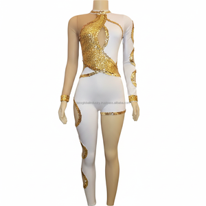 Combinaison de danse asymétrique à une jambe pour femme, blanche et or, à sequins, pour performance, tenue de scène scintillante, costume de danse aérienne - Product Image 1
