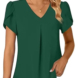 Chemisier élégant à col en V et dentelle pour femme, imprimé floral, manches courtes, décontracté, été 2026 - Product Image 1