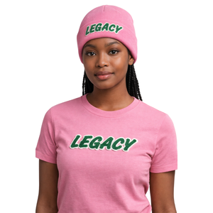 Gorro de Punto Rosa Legacy para Hermandad Griega, Gorro de Invierno Rosa y Verde para Mujeres, Ropa de Hermandad Universitaria - Product Image 1