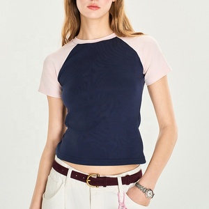 Summer New American Style Slim <b>Raglan</b> Sleeve Crop <b>Top</b> Fit Cropped T-Shirt Solid Ribbed Crew Neck Tee for Women Street Style - Product Image 3