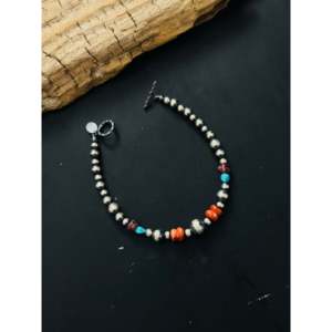 Ethnic Ball-shaped <b>Bracelet</b> Navajo Strung Multi-Color Stone & Pearl Beaded Made of Sterling <b>Silver</b> for Gift - Product Image 4
