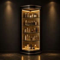Gebogene Glas-Schönheitsvitrine LED-Hintergrundbeleuchtete Eckvitrine Gold Kosmetik-Verkaufsregal