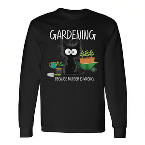 Maglietta a maniche lunghe da giardinaggio con gatto nero, promozionale, con stampa 'Because Murder Is Wrong', abbigliamento per giardinieri - Product Image 2