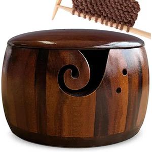 Bol de rangement en fil de bois de sheesham de créateur et à la mode avec trous sculptés et perceuses Accessoires de crochet à tricoter - Product Image 3