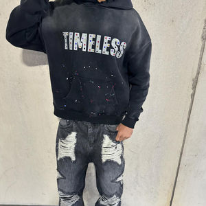 Sweats à capuche pour hommes en éponge française poids lourd pull à capuche personnalisé Vintage lavage à l'acide soleil délavé en détresse strass Hoodies hommes - Product Image 3