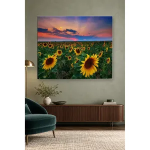 Impression sur toile Champ de tournesols Fida au coucher de soleil rose - Product Image 1