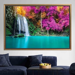 Serenidad de la Naturaleza: Impresión en Lienzo de Árboles Púrpuras y Cascada, Lienzo con Marco Dorado - Product Image 1