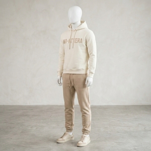 <b>Men</b> Cream Hoodie Tracksuit Set <b>Pullover</b> Jogger Pants Basic Premium Sportswear Training Gym Running Fitness Casual Activewear Top - Product Image 3
