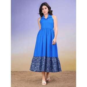 Robe longue western décontractée sans manches à col uni pour femmes - Product Image 1