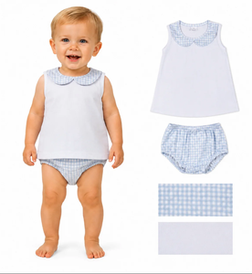 Ensembles de vêtements pour bébés garçons, tunique à col à carreaux bleu clair, pantalon court - Product Image 1