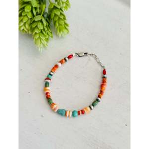 Bohemian Style Navajo Strung Multi-Color Stone and Sterling <b>Silver</b> <b>Bracelet</b> with Pearl Beads - Product Image 2