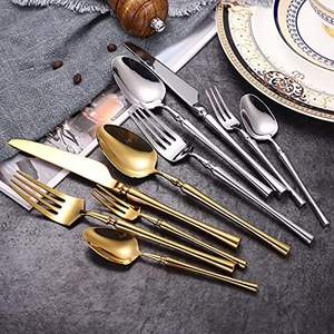 Juego de Cubiertos de metal con acabado dorado con mango redondo delgado para juegos de cubiertos de mesa de boda y restaurante - Product Image 5