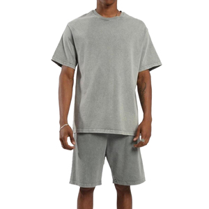 Ensembles de shorts baggy surdimensionnés pour hommes 100% coton deux pièces hauts à manches courtes t-shirt de jogging lavé respirant hauts pour garçons - Product Image 1