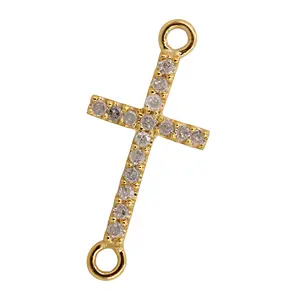 Conector de Cruz de diamante pavé auténtico, joyería de 14k, oro amarillo sólido, accesorios de conector, venta al por mayor, proveedor de joyería de diamante dorado