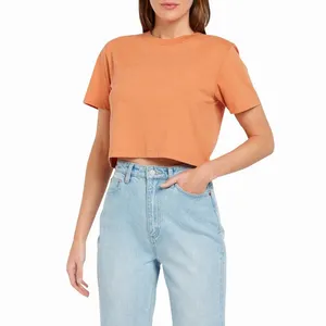 Chất Lượng Cao Tùy Chỉnh Mùa Hè Crop Crew Cổ Tùy Chỉnh In Ngắn Tay Áo Crop T-Shirt 100% Bông Vải