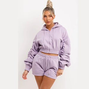 Alta calidad personalizado Zip up Crop Women Hoodie impreso bordado elegante logo tela sólida Top crop Set - Product Image 5
