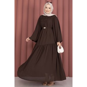Vestido de Gasa Marrón con Corte en A, Cinturón con Detalle Fruncido, Cintura Imperio, Estilo Modesto, Tela Transpirable - Product Image 4