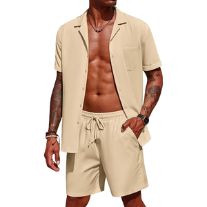 Conjunto de camisa y pantalones cortos de cuello cubano informal de manga corta Chándal de dos piezas para hombre Último estilo en oferta - Product Image 1
