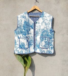 Hecho a mano estilo bohemio mujer azul blanco Vintage chaqueta acolchada abrigo tejido Casual rayas manga Las tuberías para invierno - Product Image 1