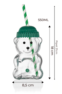 <b>Cute</b> <b>Bear</b> Glass Tumbler with Green Cap Straw 550ml Reusable Dishwasher Microwave Safe Single Wall Drinkware for Kids Party Gift - Product Image 5