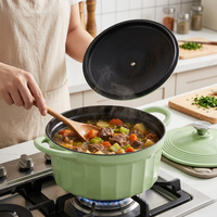 Cocotte en fonte émaillée vert clair à rayures verticales avec couvercle et doubles poignées, idéale pour braiser les soupes