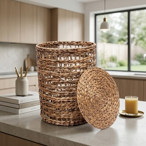 Natural Water Hyacinth Storage <b>Basket</b> <b>With</b> <b>Lid</b> Tall Cylinder Open Grid Weave Laundry Hamper Bin Pure Art Setup Room Decor Crafts - Product Image 4