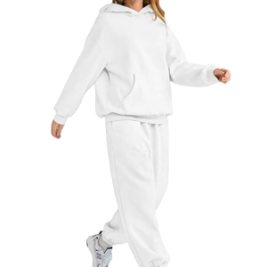 Chándal de mujer de algodón grueso de dos piezas en blanco para correr traje liso de gran tamaño pulóver con capucha conjunto de chándal de mujer - Product Image 2