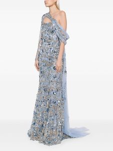 Robe de soirée en mousseline de soie à fleurs de créateur, une épaule haute-basse avec manches longues, paillettes ornées de perles, silhouette trapèze - Product Image 2