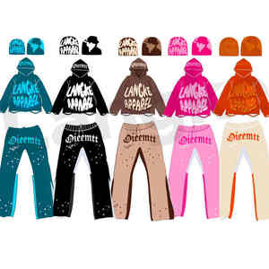 Sweat Jogger pantalones apilados conjunto de chándal personalizado Puff estampado Crop Top Sudadera con capucha Flare pantalones de chándal 100% algodón secado rápido hombres - Product Image 5