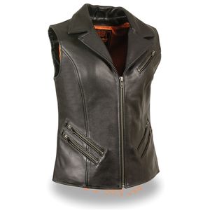 Designer Custom Label Women's Genuine Leather Sleeveless Vest Jacket with Belt Windproof Waterproof <b>Fur</b> <b>Trim</b> Moto & Biker Style - Product Image 1