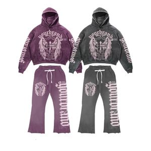 Fresh Style Long Sleeve Custom Men's French Terry Stripe Flare Sweatpants Double <b>Waist</b> High Hip Hop Embroidered Tracksuit - Product Image 3