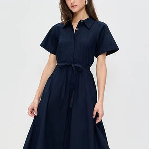 Femmes décontracté été Maxi robe demi-manches Simple mode couleur noire 100% coton doublure taille naturelle tissé tissage - Product Image 1