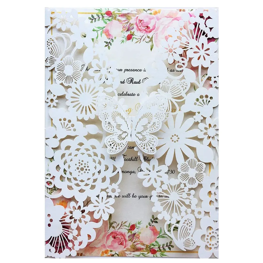 Nicro personnalisé creux flore dentelle papillon douche nuptiale fiançailles mariage Invitation découpé au laser Invitations carte avec enveloppes