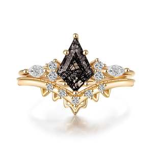 Jeulia Classic Wedding <b>Ring</b> <b>Set</b> with Kite Cut Black Rutilated Quartz - Product Image 1