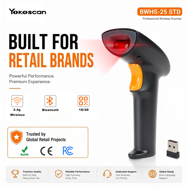 BWHS-25 STD Wireless Bluetooth 2D 1D QR Bar Code Scanner 3-in-1 Connection Free Stands 2D/QR Supported for POS, Retail